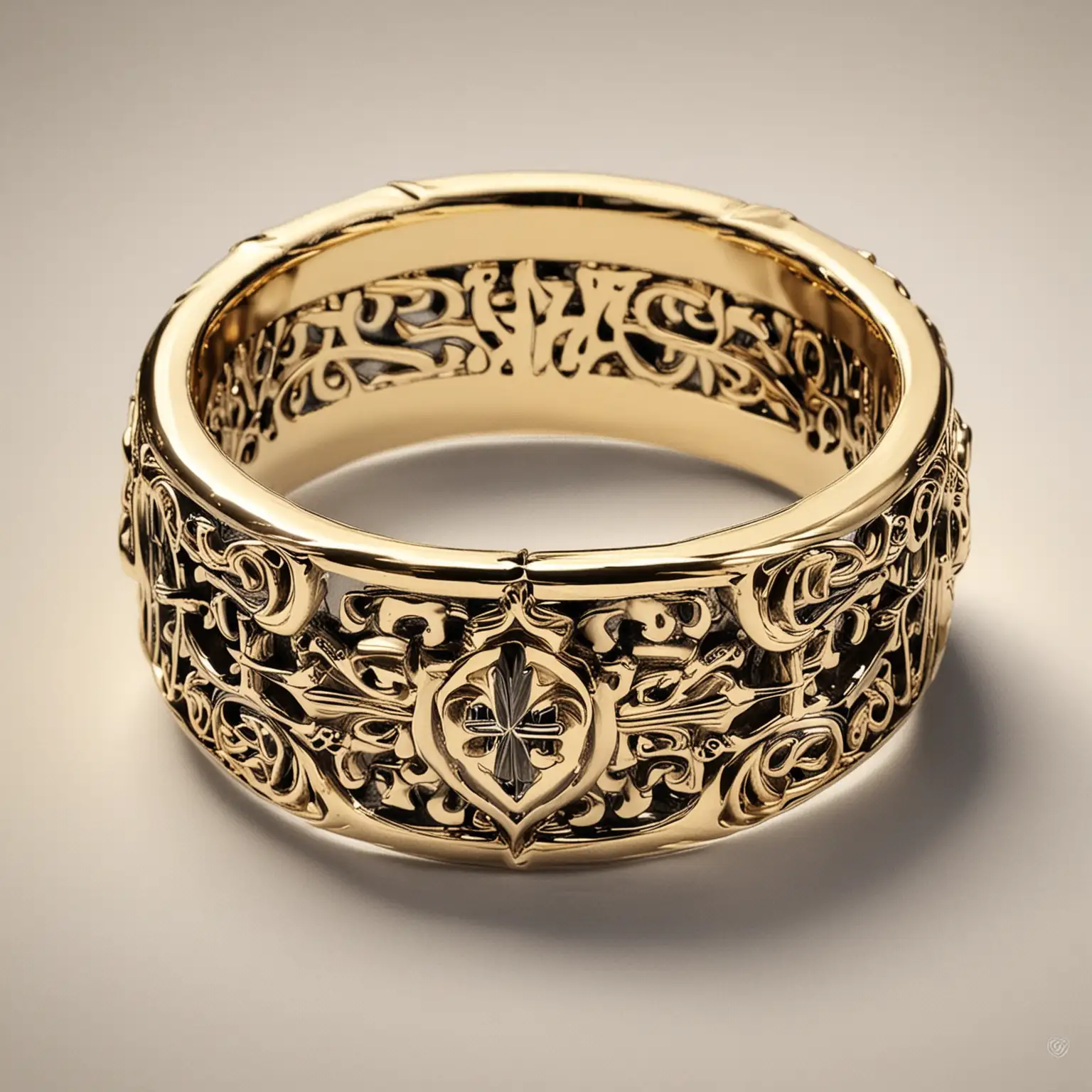 drawing of a gold gothic ring like chrome hearts style