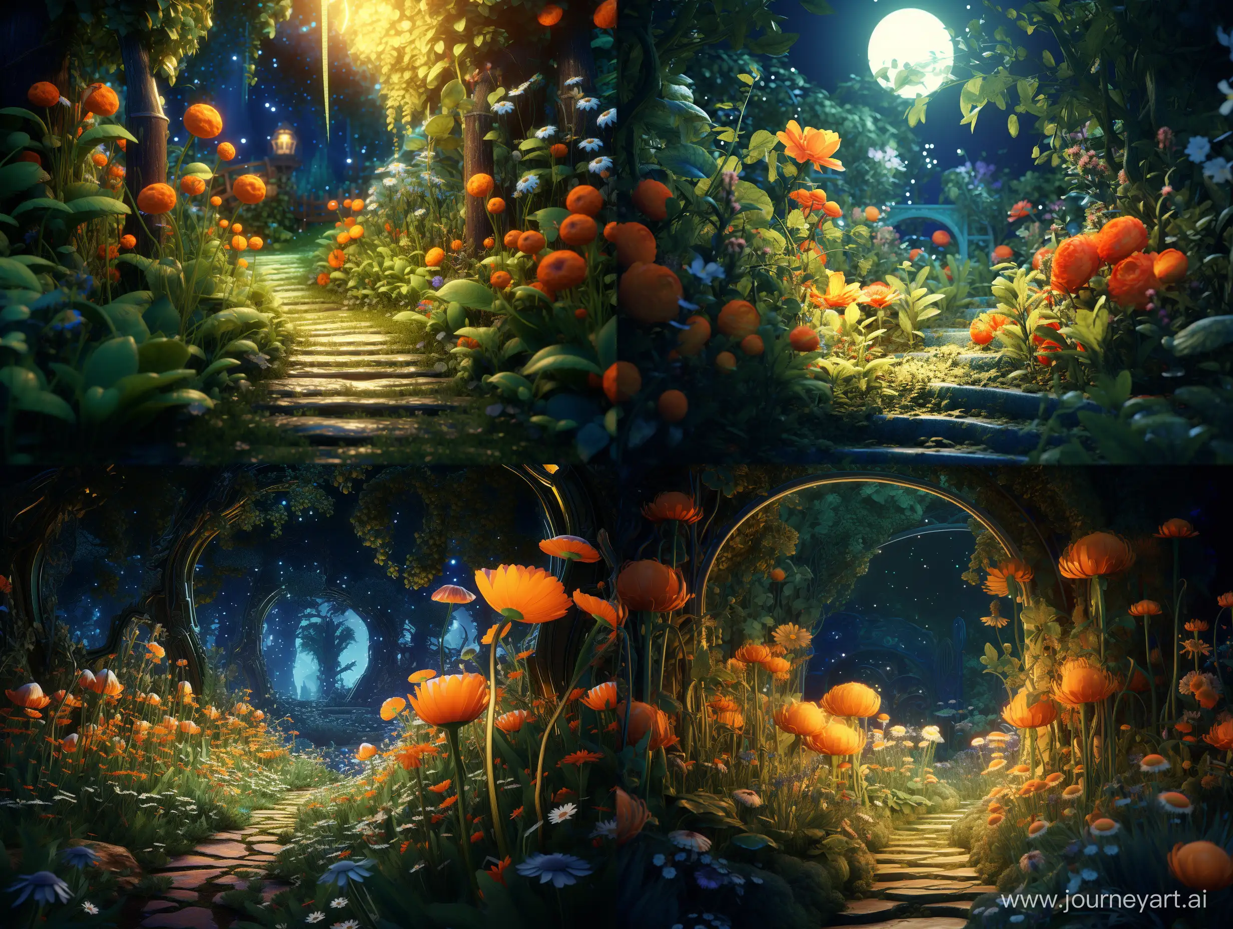 Vibrant-Orange-Garden-Illuminated-by-Blue-and-Greenish-Light-in-Stunning-4K-Detail