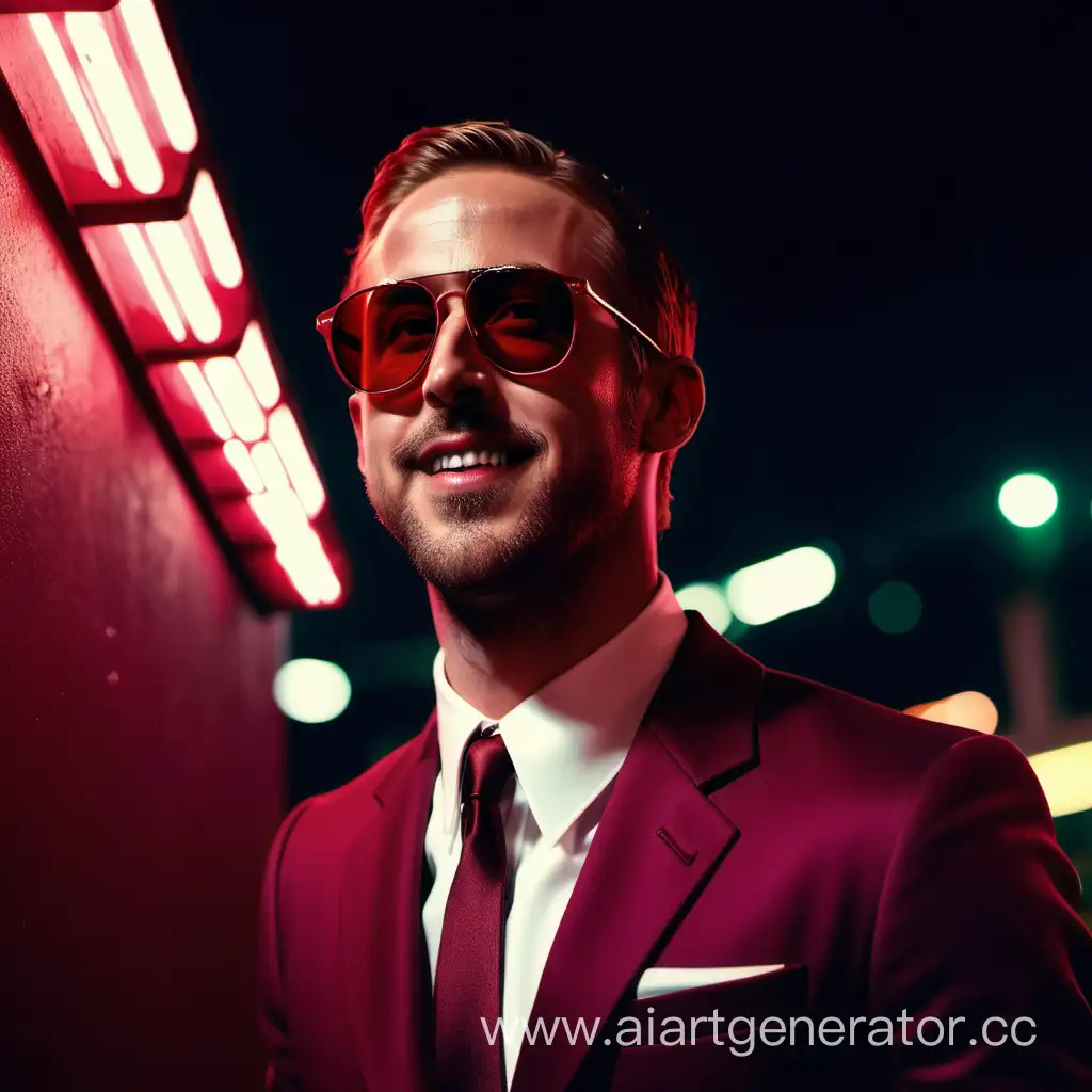 Раян гослинг в бордовом костюме стоит под красным неоном в солнцезащитных очках смотрит вверх улибается с сигаретой в зубах, в очках отражаются огни, крупным планом 