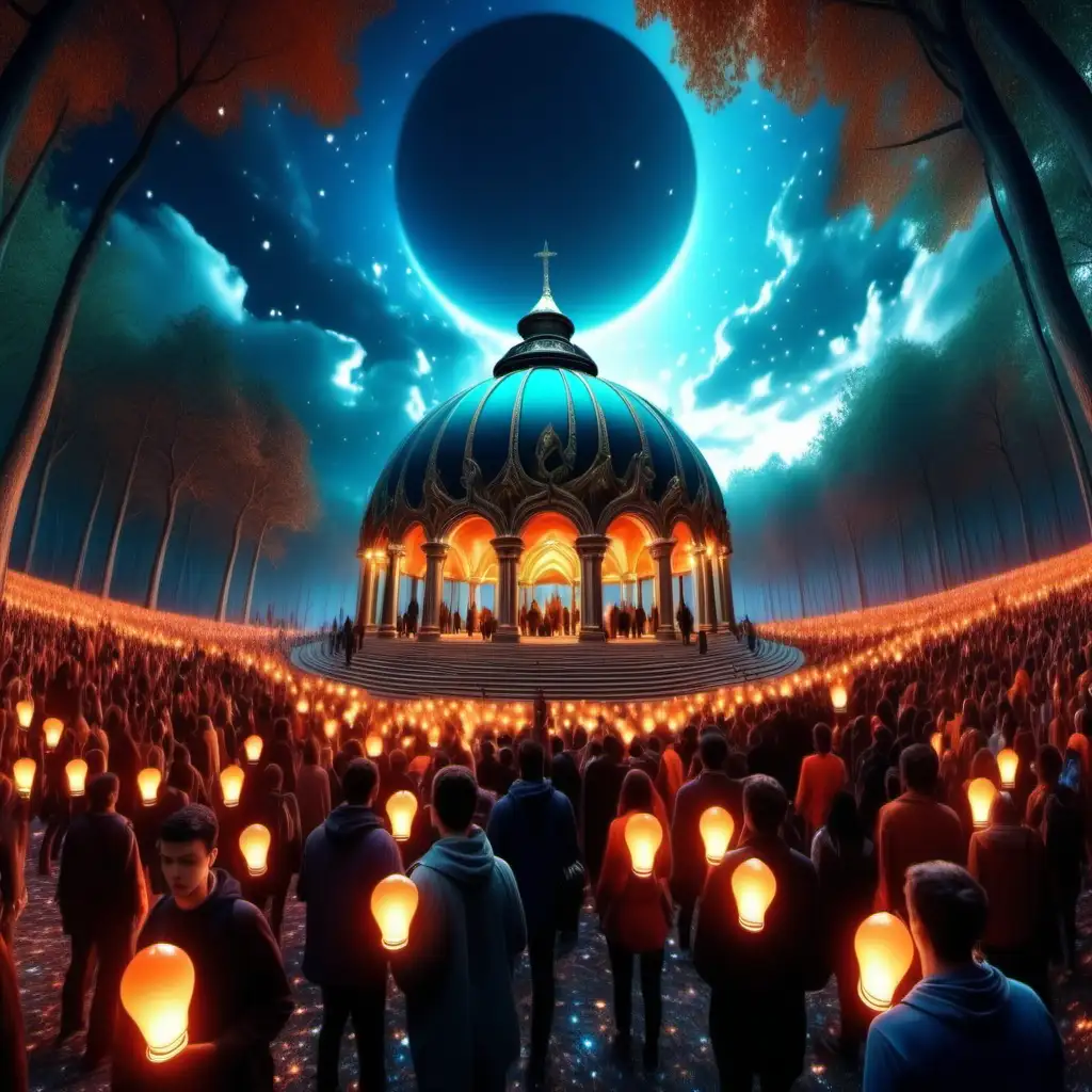Create spiritual one dome with and magic forest and beautiful sky, with many people scattered with lamps, colors blue and orange, 1080p resolution, ultra 4K, high quality
