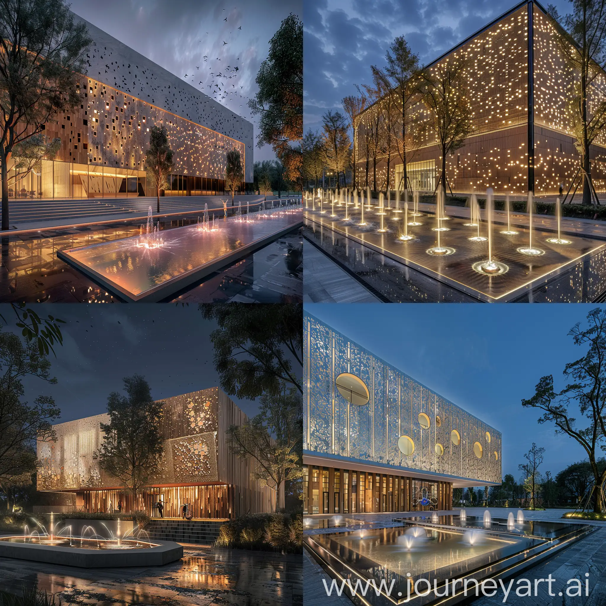 music museum ,exterior shot , Dancing musical fountain , land scape , trees , night shot , music activities , ecological building , Wooden inlays on the facade