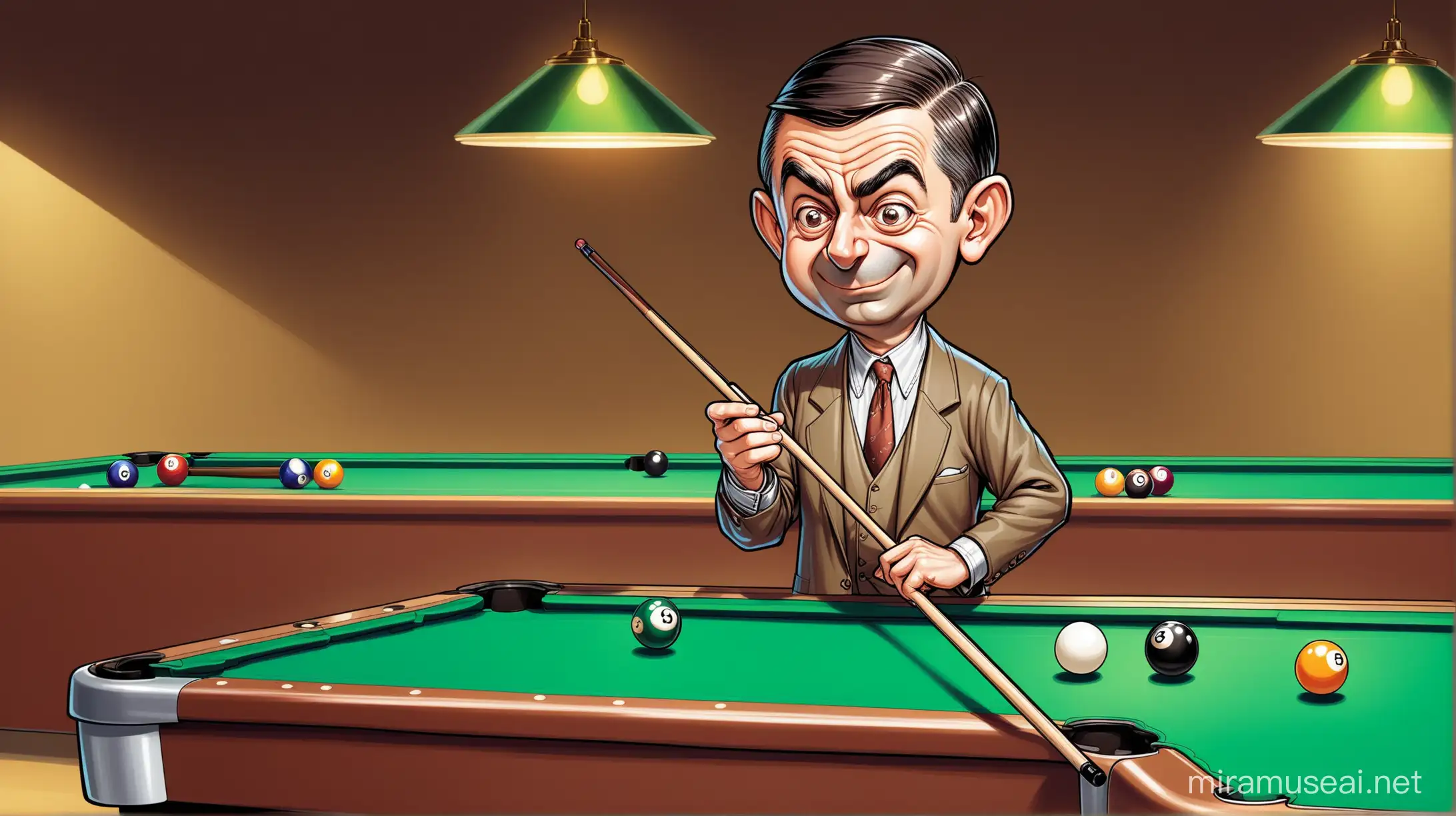 A cartoon of Mr. Bean standing next to a pool table With a billiard stick in his hand playing billiards with a smile on his face