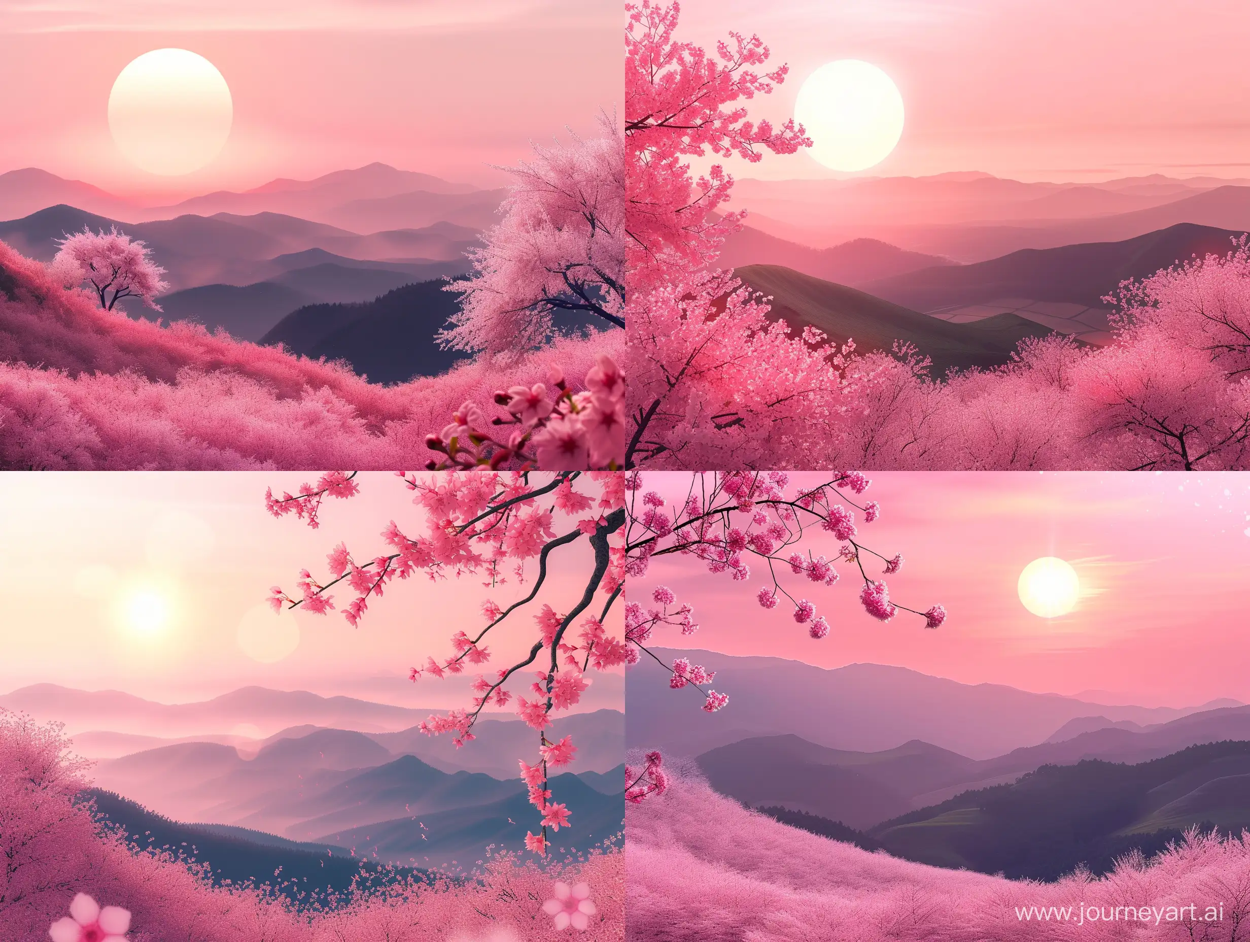 Serene-Spring-Cherry-Blossom-Landscape-with-Glowing-Pink-Sun-and-Hills