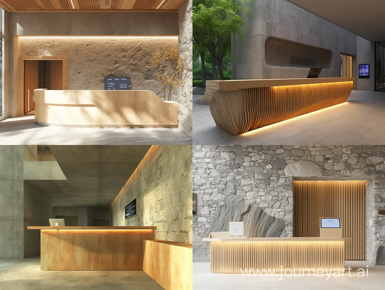 Modern-Minimalist-Reception-Desk-with-Recycled-Wood-and-Stone-Facade