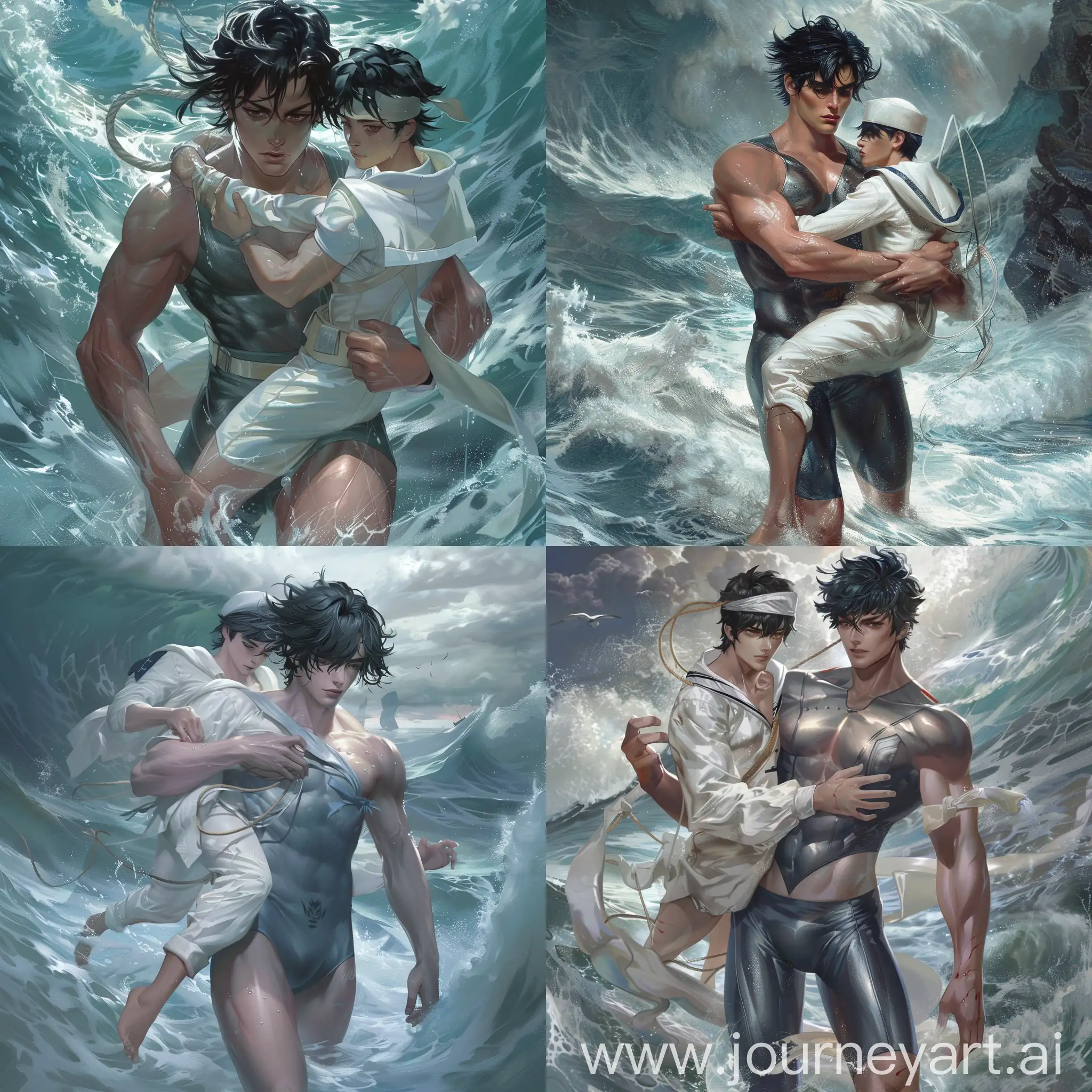 strong young male, black hair, siver swimming suit, holding a male sailor in white outfit in his arms, standing in a wild sea