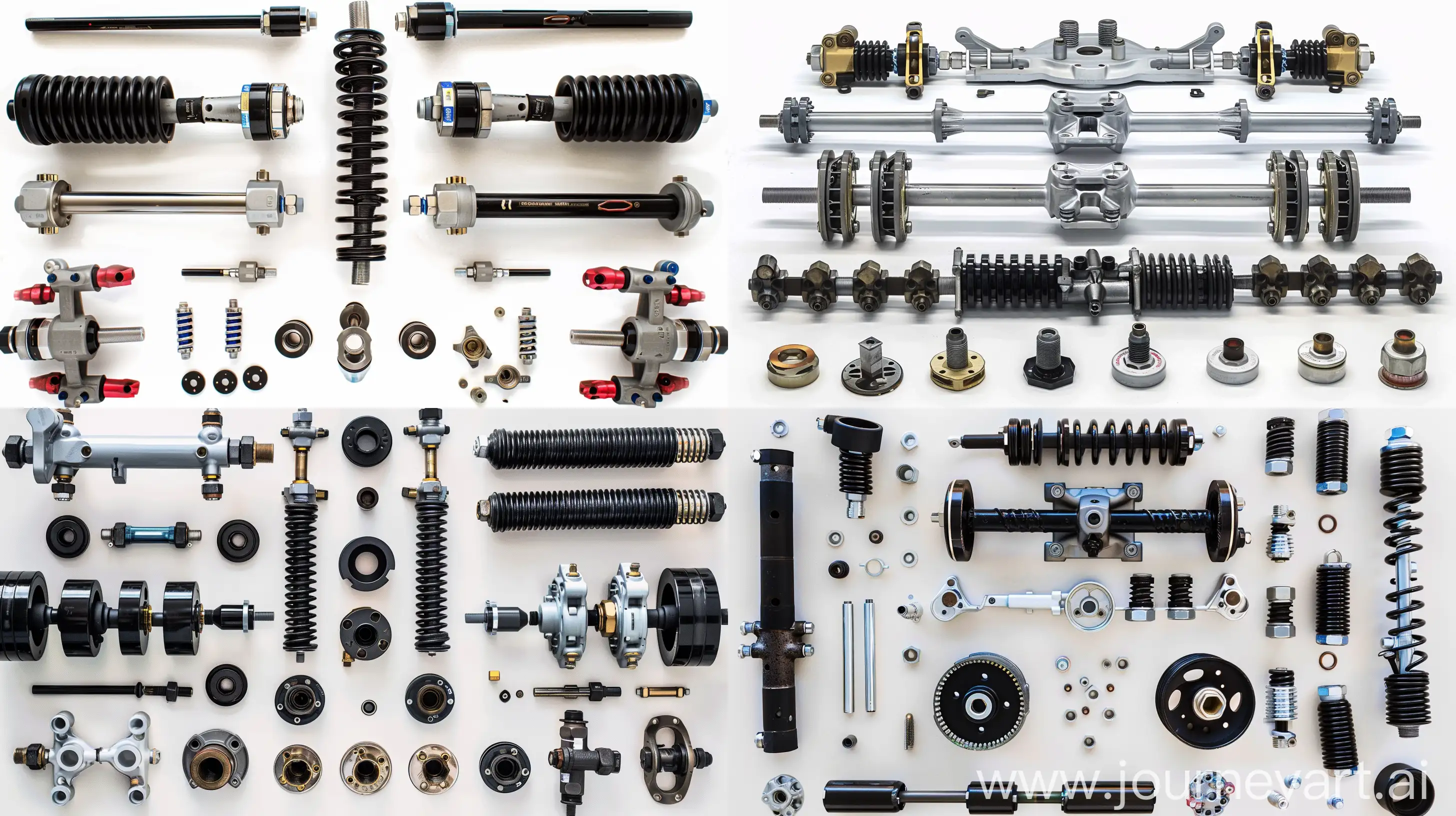 A collection of car suspension components arranged neatly together on a white background. The components should be clean and well-lit, and they should be arranged in a way that is visually appealing and easy to understand. The prompt should also specify that the components should be realistic and accurate in their proportions and details.  --ar 16:9


