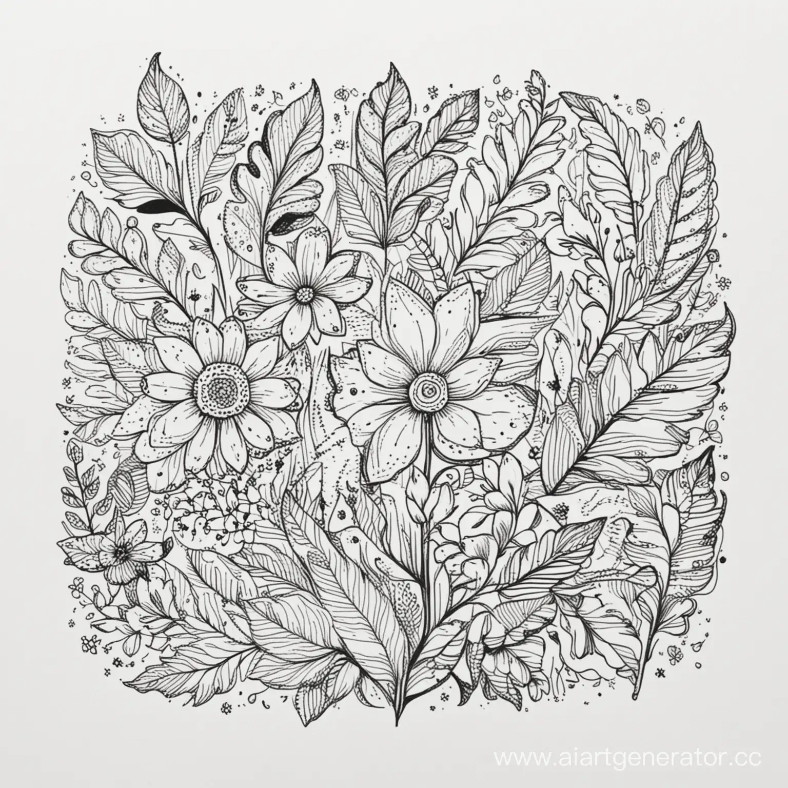 simple line art combining flowers and leaves in doodle style  with white background