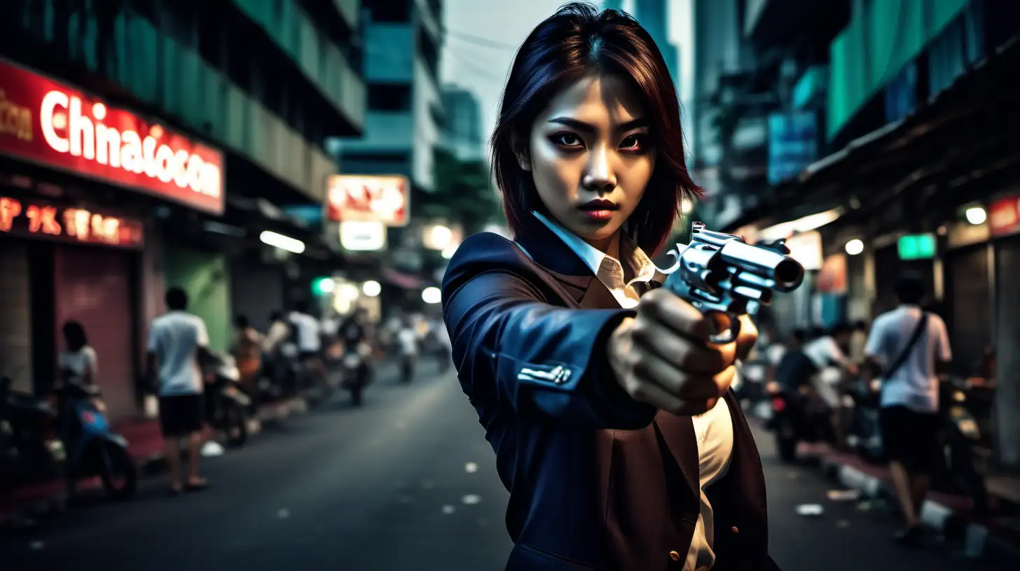 (cinematic lighting), a female assassin holding a single action revolvers, evolver in the bustling streets of modern Bangkok, paradox of youth and lethal expertise, air of quiet confidence, vibrant cityscape, inconspicuous elegance, razor-sharp focus, urban chic attire, arsenal concealed, eyes with wisdom beyond years, calculated precision, spontaneity of the metropolis, chaos of Bangkok's nightlife, chameleon and predator, juxtaposition of youthfulness and shadows of a covert profession, intricate details, detailed face, detailed eyes, hyper realistic photography, full body view.
