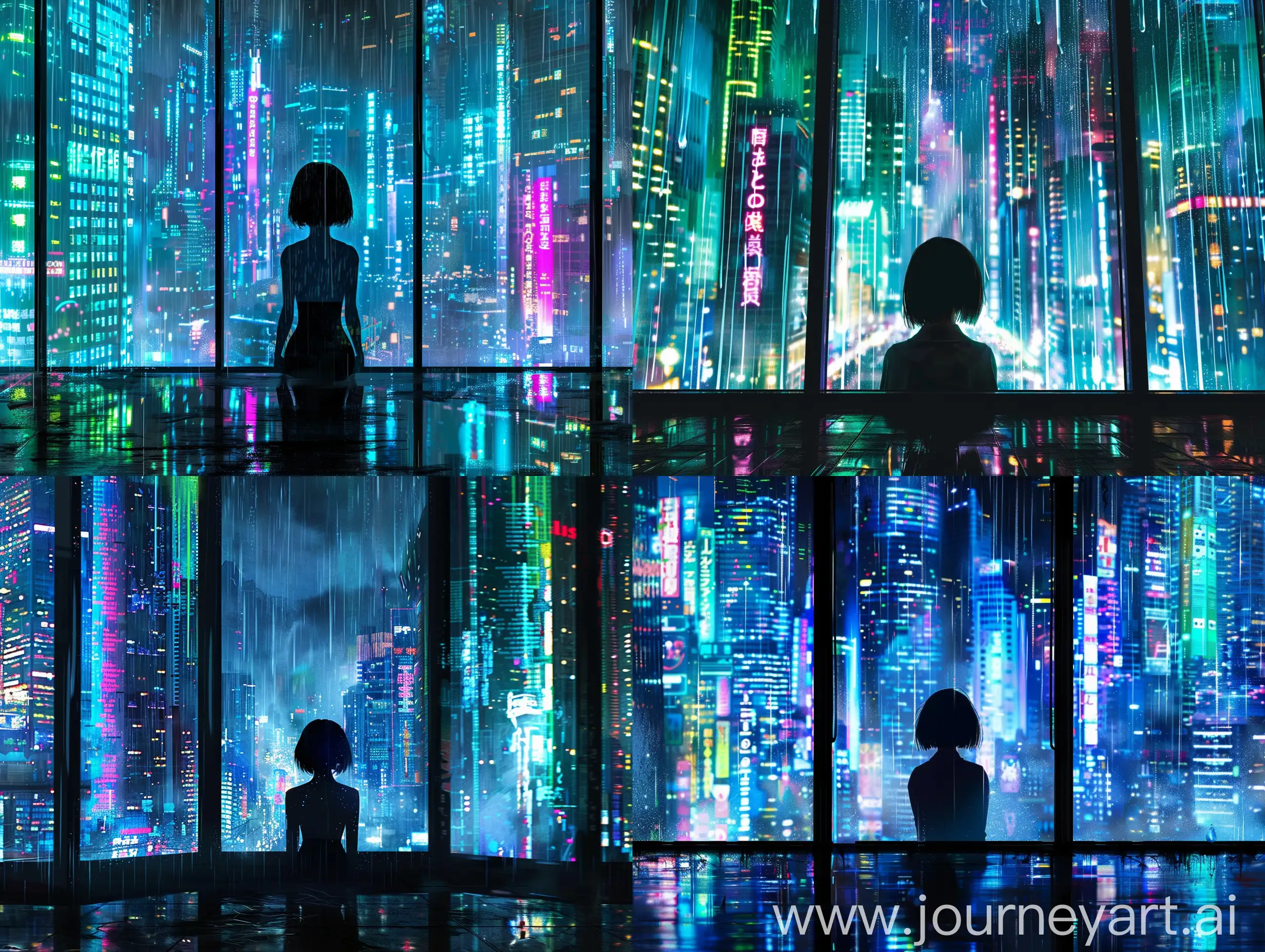 Visualize a cyberpunk-themed image that features a single, central figure of a woman with a bob haircut silhouetted against a neon-drenched futuristic cityscape viewed through a rain-soaked window at night. The neon lights from towering skyscrapers should cast a vibrant array of blues, greens, and pinks, reflecting off the wet surfaces and the window's glass, which is segmented by the dark, vertical lines of the window's frame, giving the illusion of a triptych. The scene should embody the high-tech, low-life philosophy of cyberpunk, with visible elements of advanced technology and urban decay. The rain adds to the atmosphere, with droplets streaking down the window, and the city's reflection should shimmer on the wet floor of the room from which the woman gazes out.
