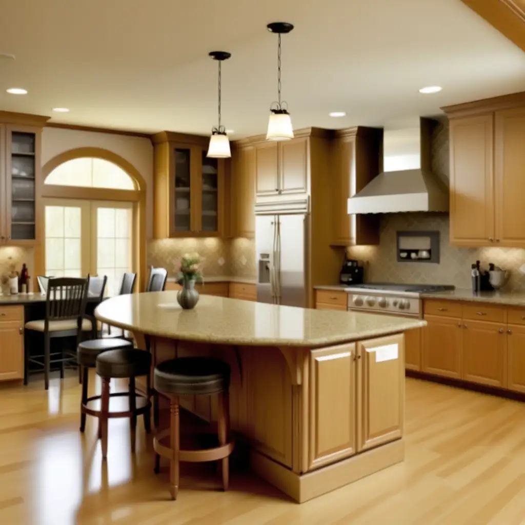 A wood island sits in the middle of the kitchen, that has oak cabinets in the background . There is nothing sitting on the island. There are bar stools in front of the island.  Remove ovens make island smaller

