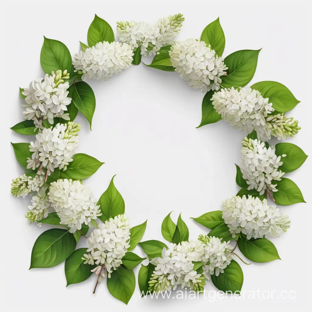 Circular-White-Lilac-Pattern-with-Green-Leaves-on-White-Background