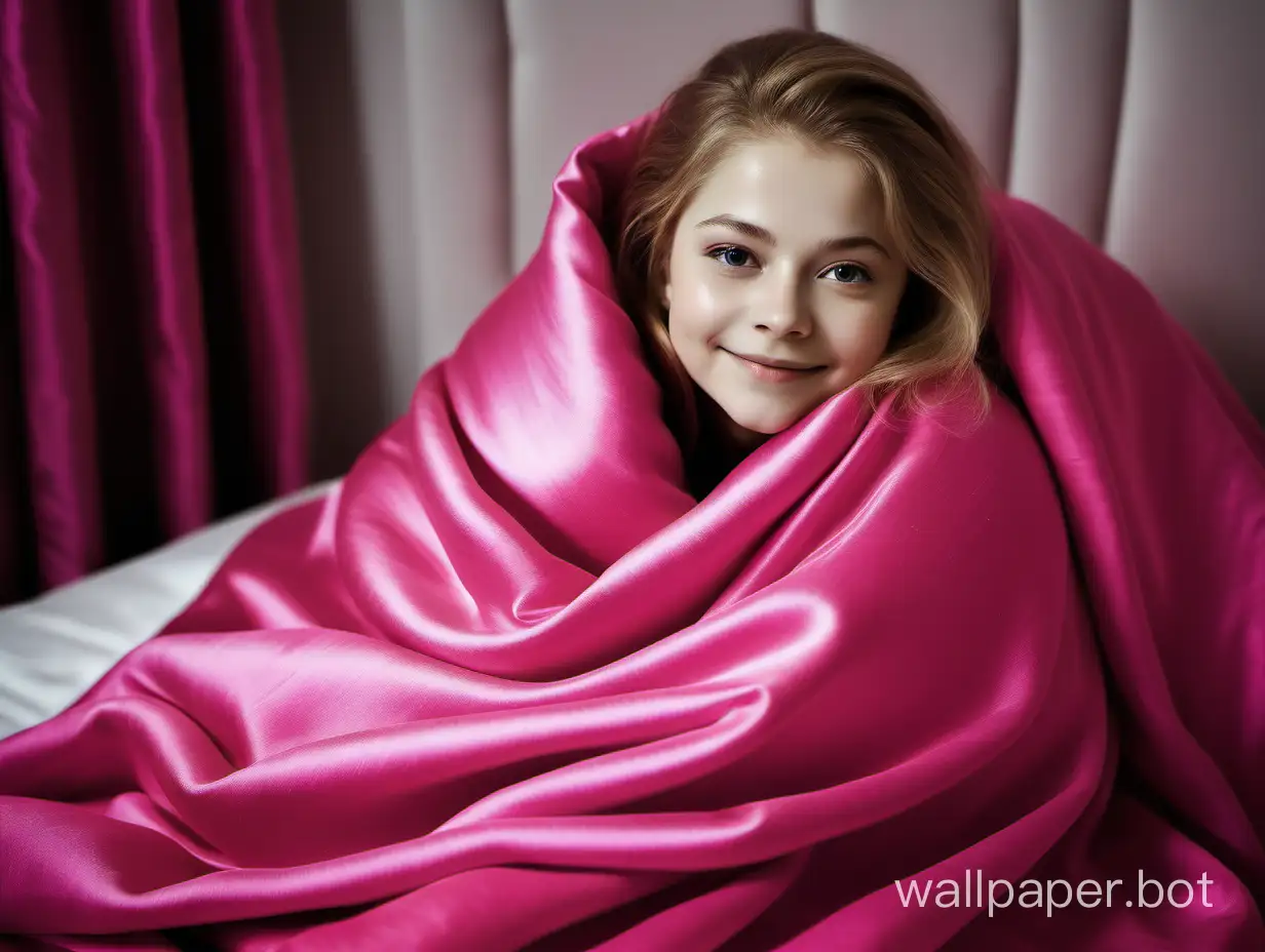 Yulia Lipnitskaya Smiles Relaxing under luxurious Pink Fuchsia Silk pillow and blanket