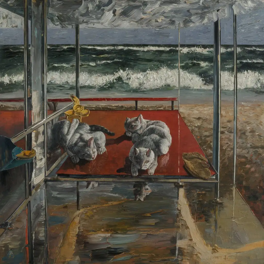 Surrealistic Encounter Three Cats Piled on Sun Loungers by the Beach
