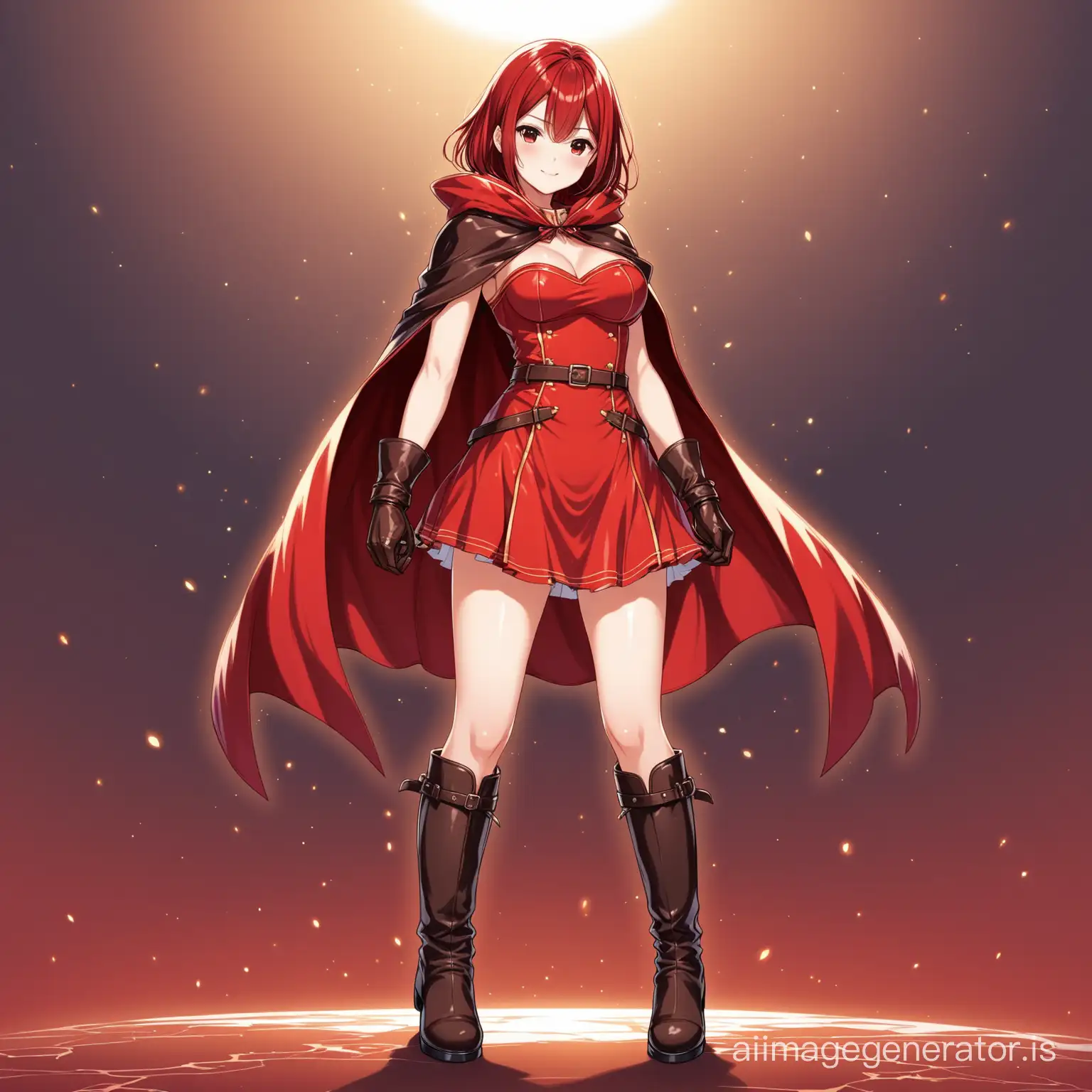 Seductive-Anime-Girl-in-Red-Dress-with-Cape-Leather-Boots-and-Gloves