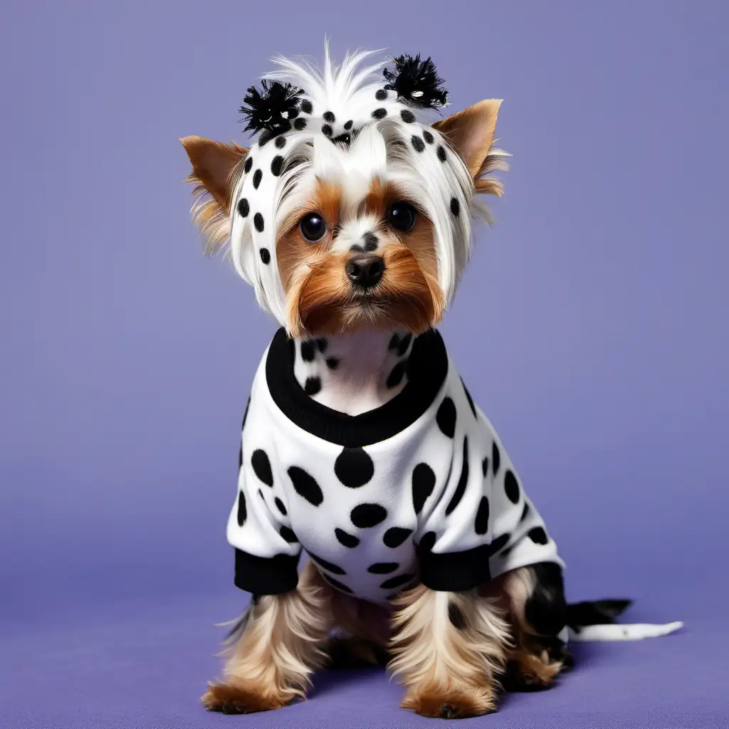 A Yorkshire terrier dressed as a Dalmatian 