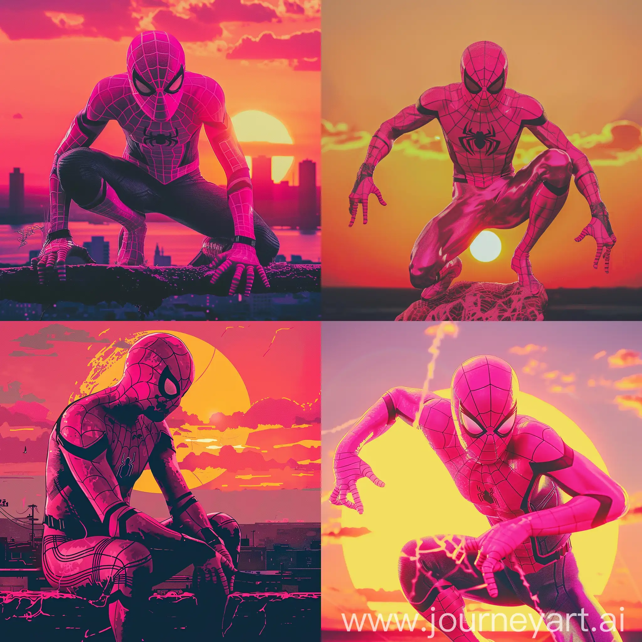 Pink Spiderman with sunset in background