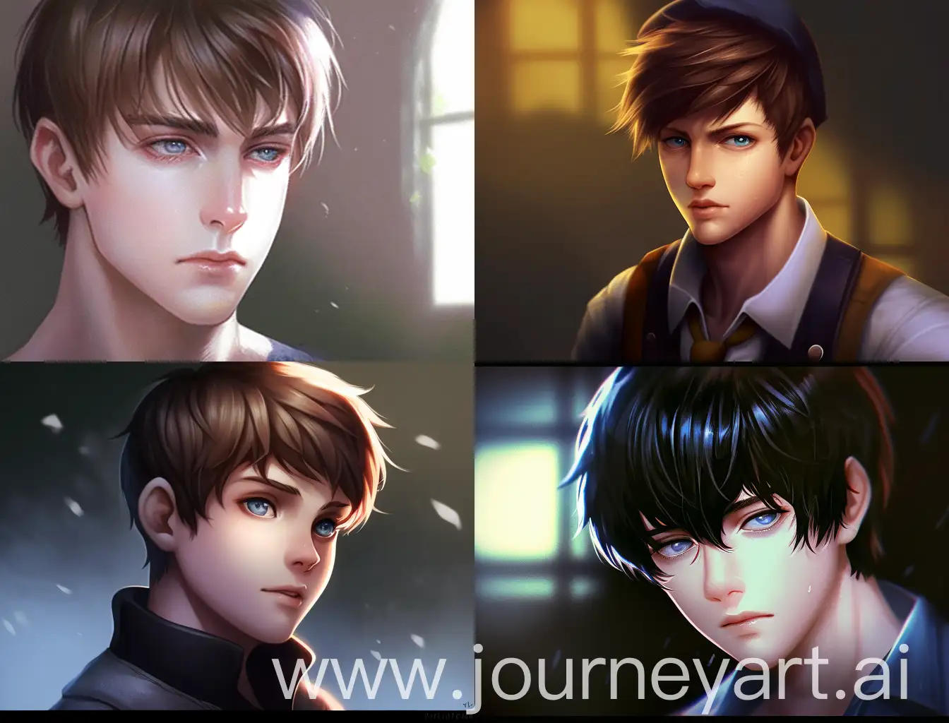 Made in a pleasant looking semi-realistic art style, with good lighting and composition portrait, almost anime-like: Male in earlier twenties “Fair complexion” + “Small pimples” + “Scars on his hands from factory work”))] [(Hair: “Dark brown, neatly combed”)] [(Eyes: “Sharp, calculating blue eyes”)] [(Clothes: “Simple attire, often in shades of gray and red” + “Plain button-down shirts”)