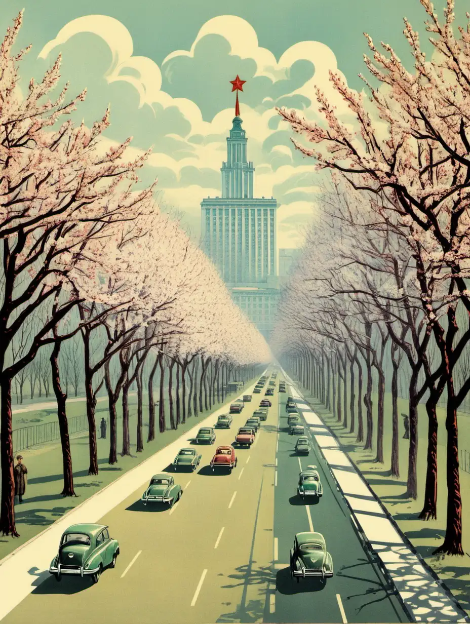 soviet union, spring, parkway, illustration, vhq