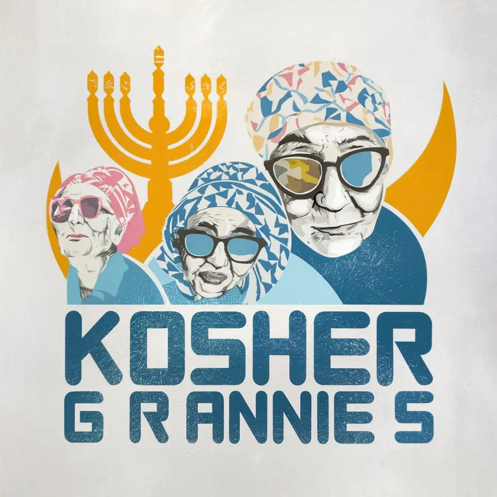 logo, Israel, yellow, blue, white, Jewish grannies with sunglasses and colorful headscarves with Menorah, Paul Klee, with the text "Kosher Grannies", typography, be used in art industry