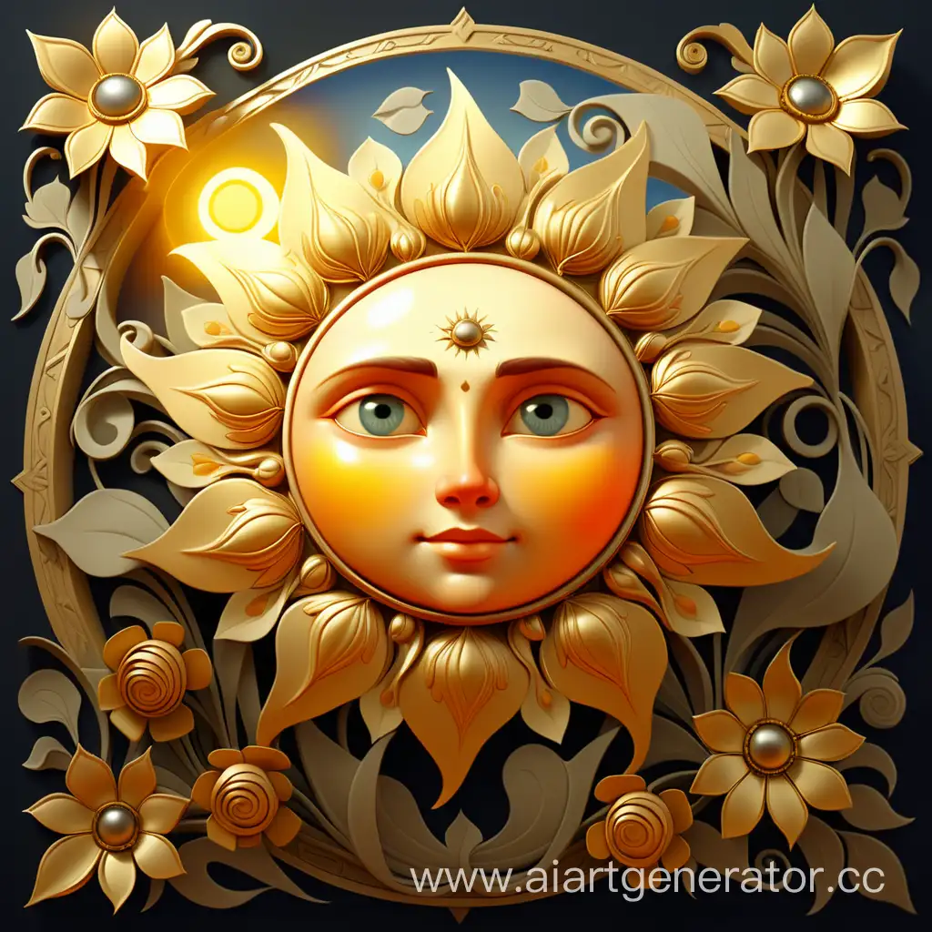 Изображение солнца миловидное в русском стиле. Используя  цветы золотое в стиле Васнецова