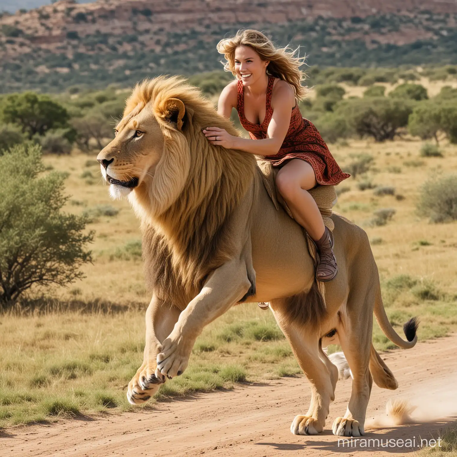 Brave Warrior Riding Majestic Lion in Mythical Adventure