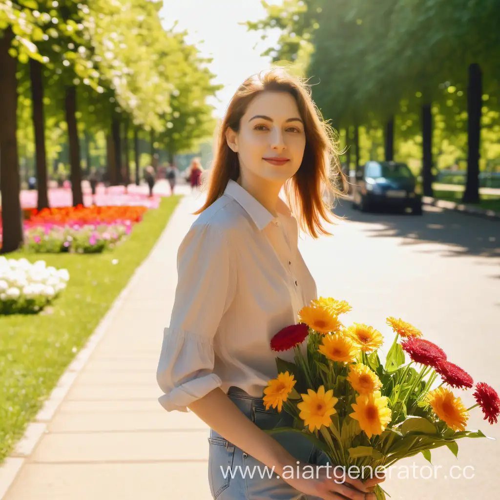 Woman-Strolling-Through-Sunny-Park-with-Blooming-Flowers