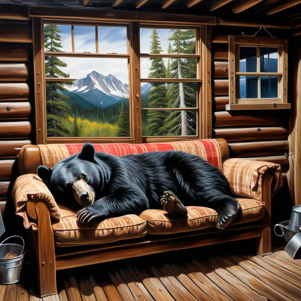 Rustic Cabin Ambiance Sleeping Black Bear in Tranquil Setting