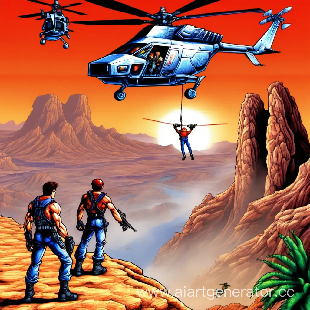 
Contra: The Alien Wars.
Билл и Лэнс висят и держутся за летящий вертолёт. На фоне пустыня и каньон.