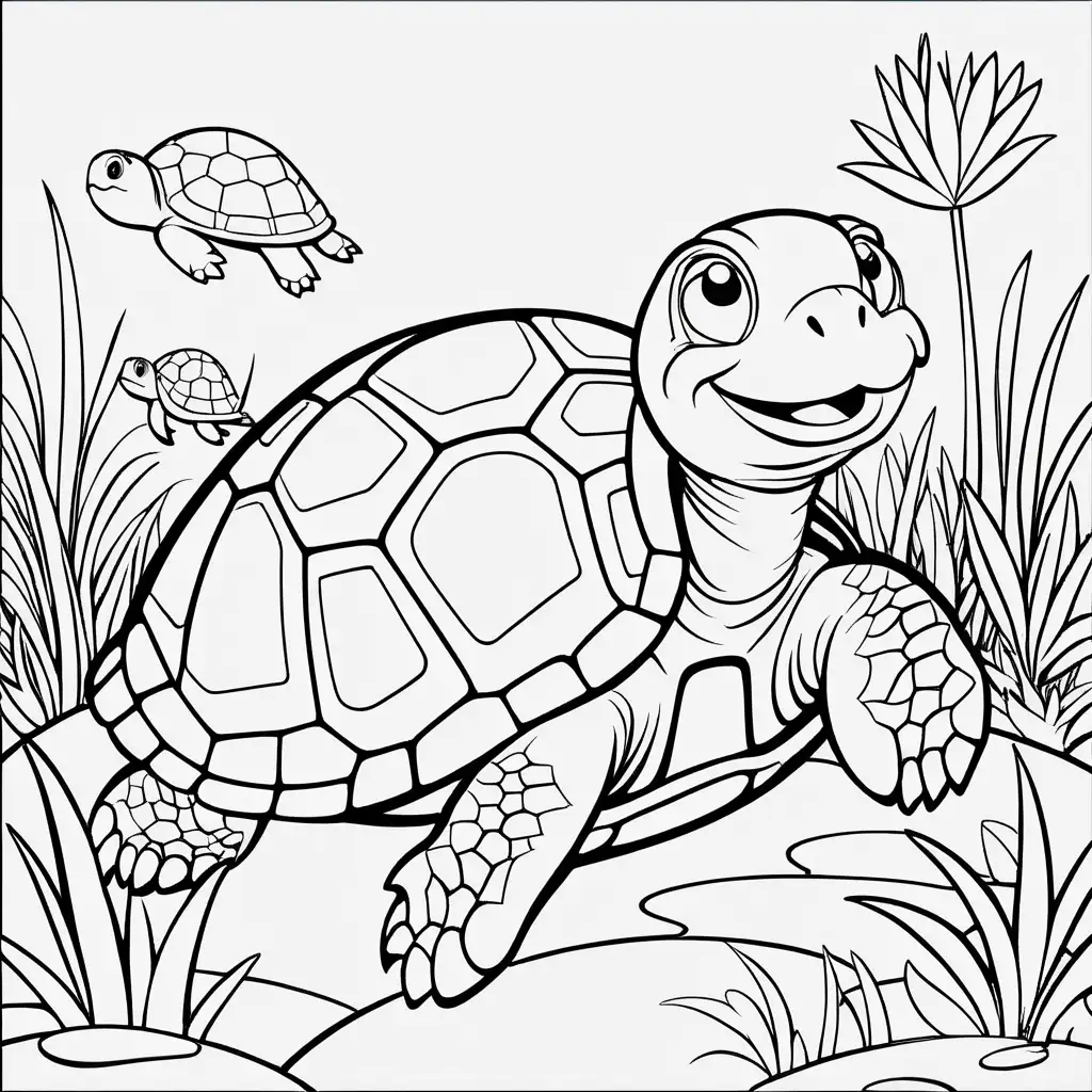 Create a coloring book page for 1 to 4 year olds. A simple cartoon cute smiling friendly faced turtle and its friendly faced parents with bold outlines in their native enviroment. The image should have no shading or block colors and no background, make sure the animal fits in the picture fully and just clear lines for coloring. make all images with more cartoon faces and smiling