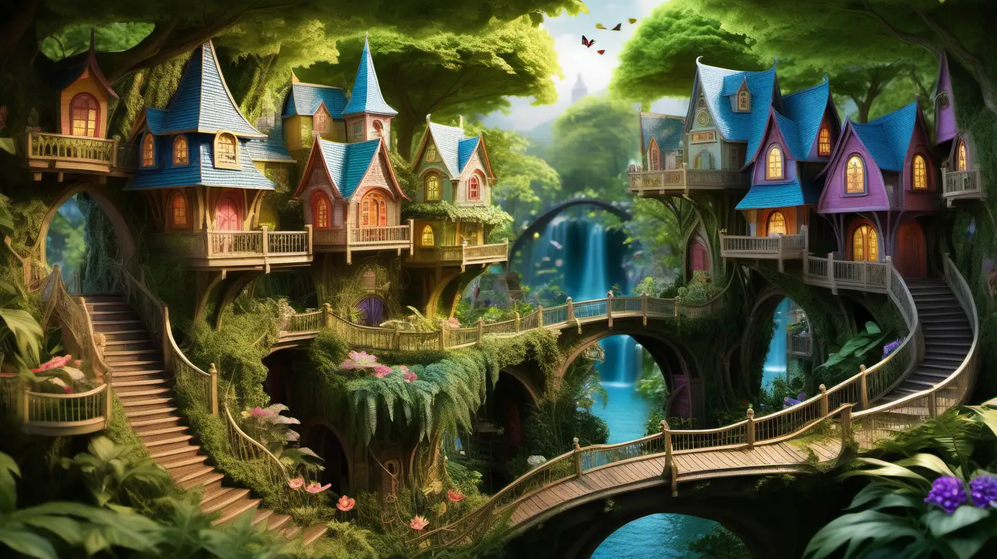 Elevated Fairy City in Spring Enchanting Metropolis Amongst Lush Foliage