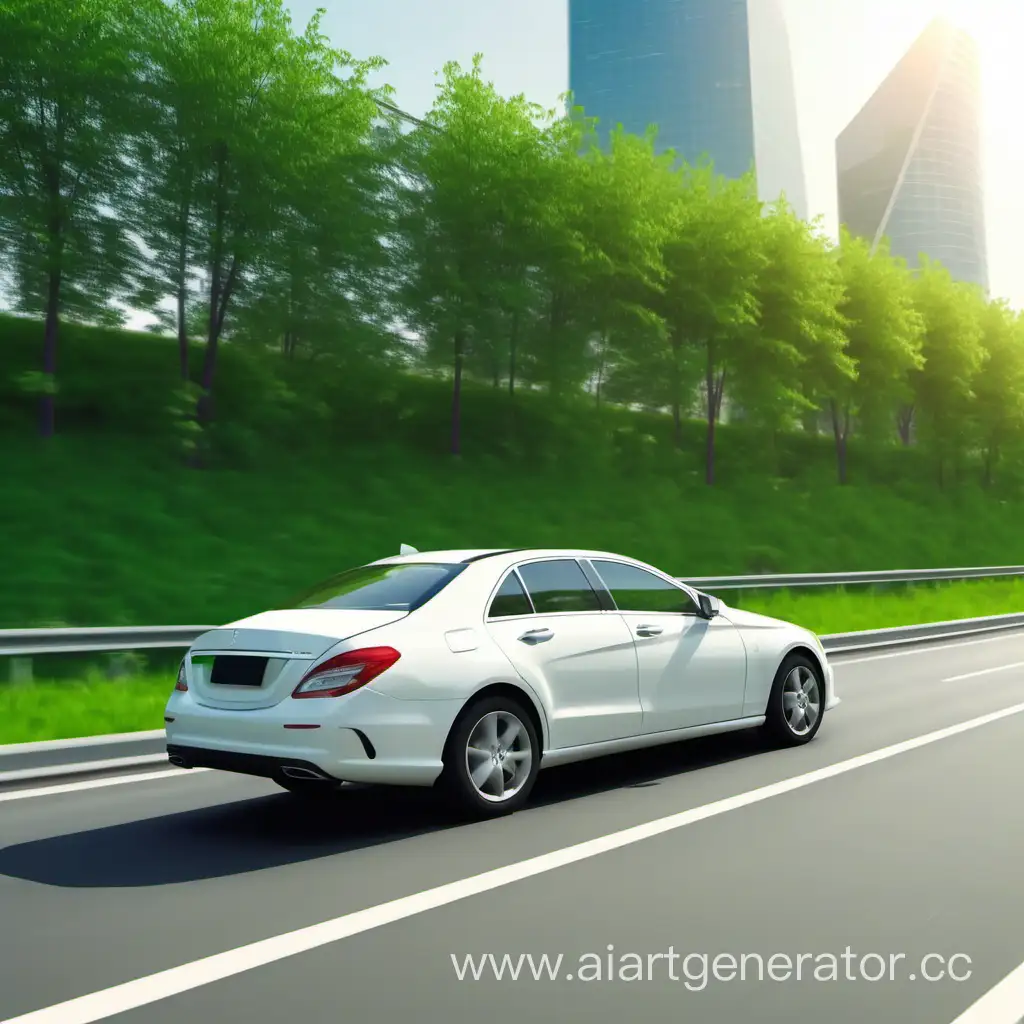 Luxury-White-Car-Cruising-on-City-Highway-with-Sunny-Scenic-Views