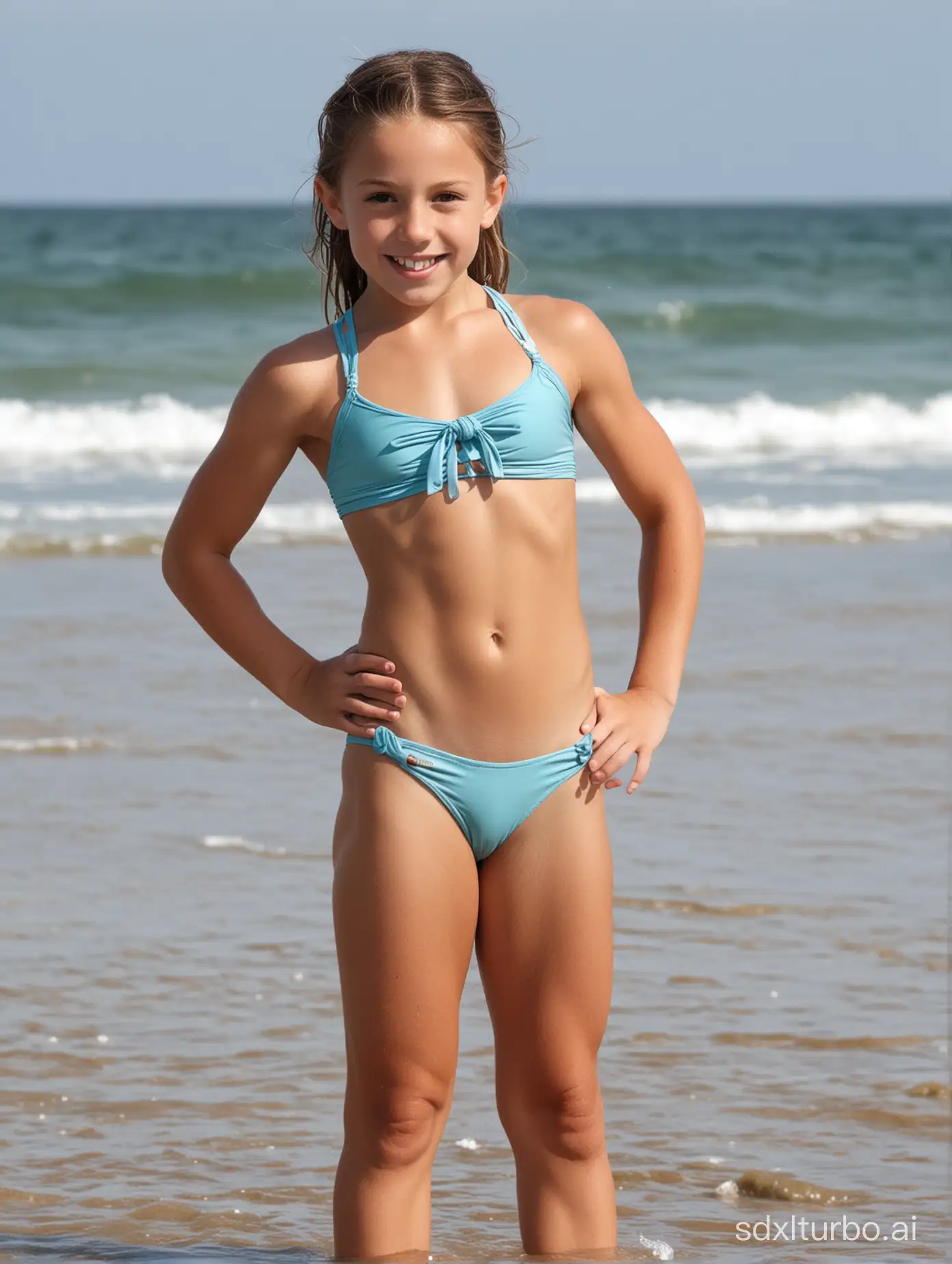 Caitlin Clark at 8 years old, flat chested, muscular abs, string swimsuit at the beach