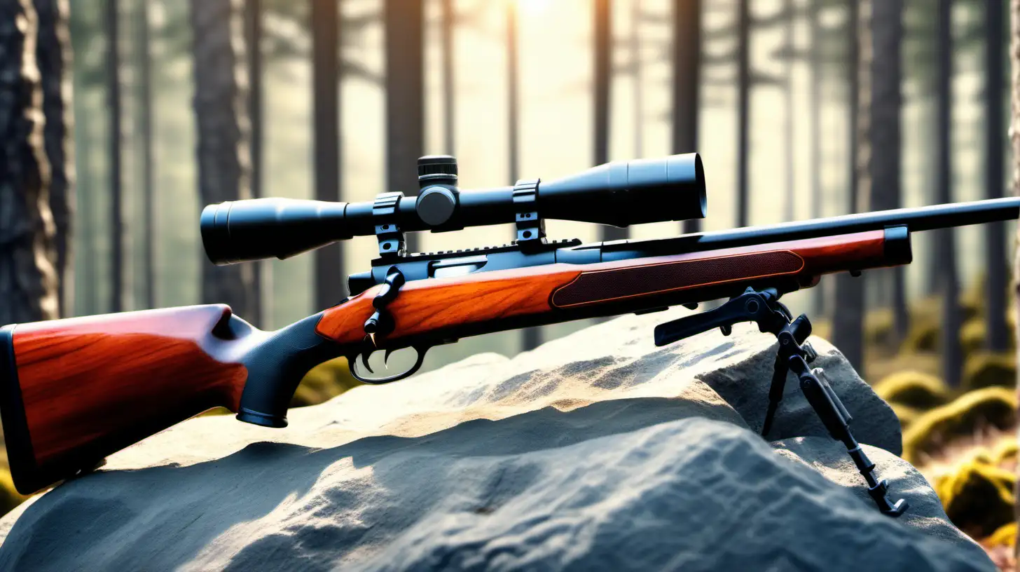 closeup shot hunting rifle on rock in forest sunny and bright background