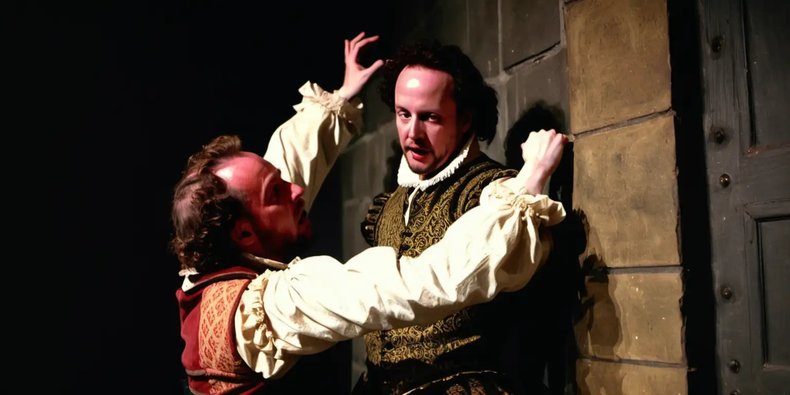 A colour photo of a 26 year old William Shakespeare holding Richard Burbage up against the wall, furious. The setting is  backstage, surrounded by elaborate costumes on racks. It is 1595.