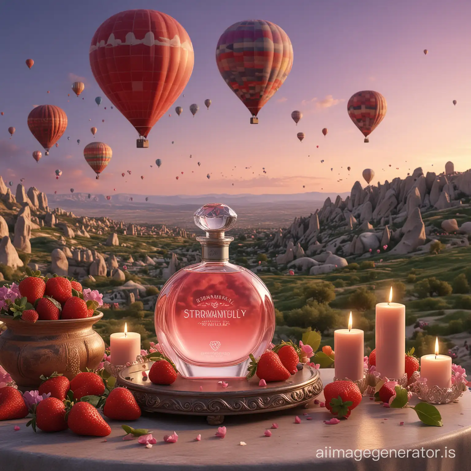 a hyper-realistic 3d rendering close shot of a perfume product on a table at Cappadocia villas, surrounded by romantic candles, fruits such as strawberry, lime, berry, and patchouli flowers scattered against the backdrop of a Cappadocia green landscape where many hot air balloons are flying and a romantic atmosphere with a purple sky with birds and cloud.