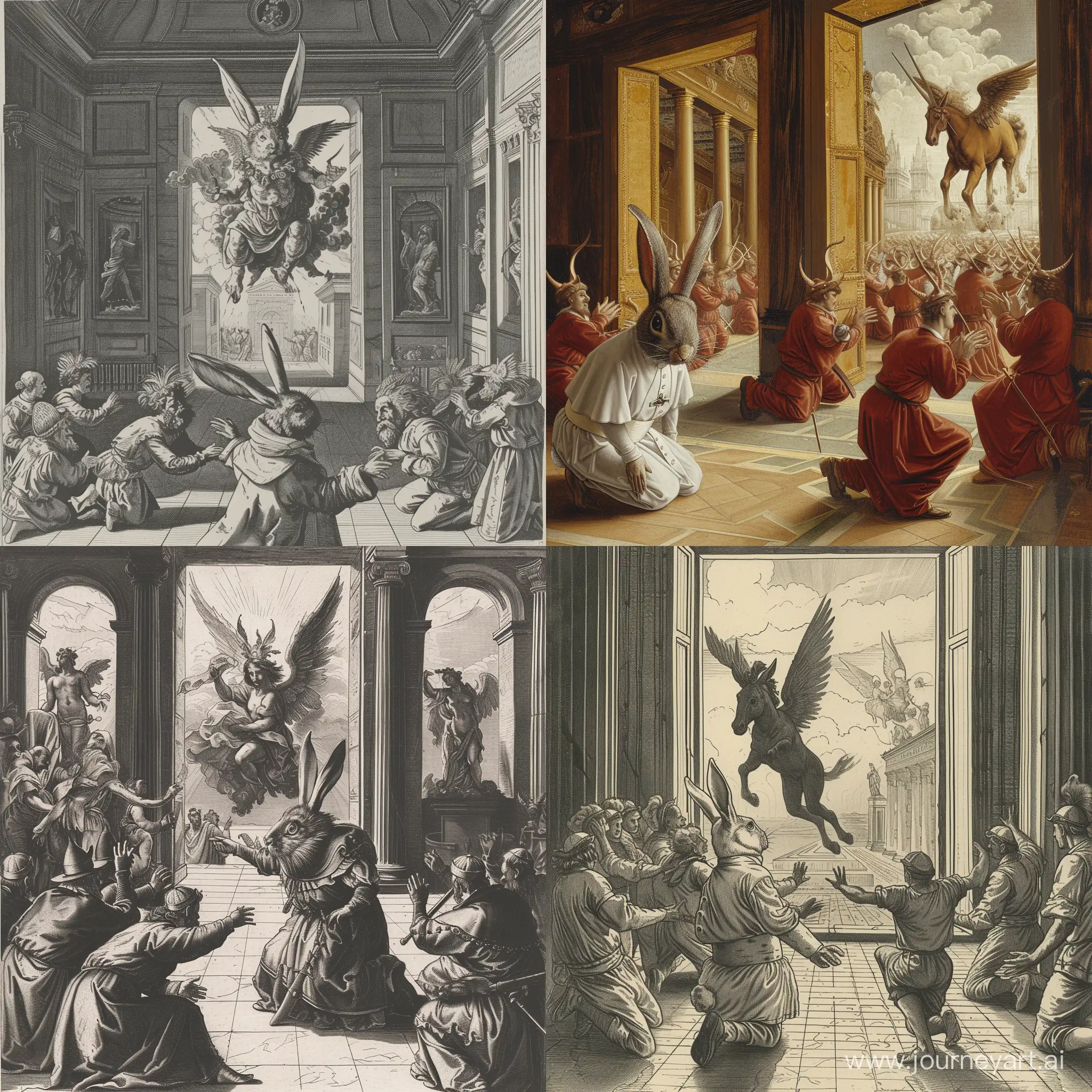 The pope if he was a rabbit, several ruffians kneeling in supplication, the inside of a temple, an angel bursting through one window, a centaur bursting through another window.