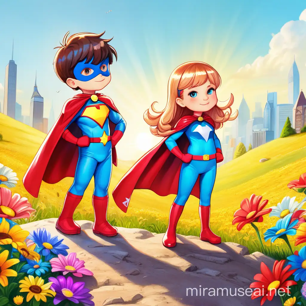 A boy and a girl in a superhero costumes standing on a hill with colorful flowers on the ground and a sunny day.
