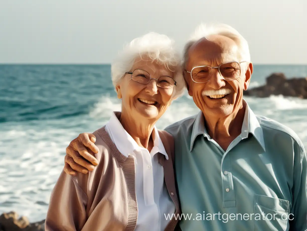 The elderly couple smiles against the beautiful backdrop of the ocean