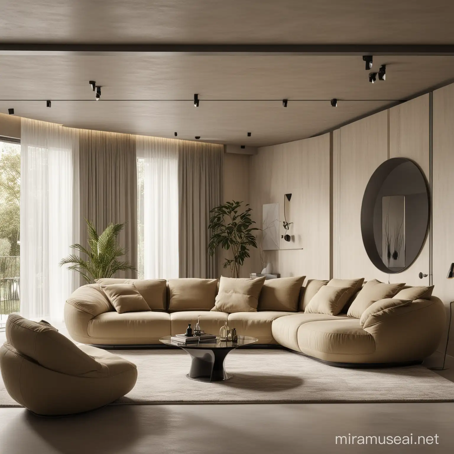 Futuristic 2095 Living Room with Antree and Elegant Sofa in Khaki Anthracite and Champagne Tones