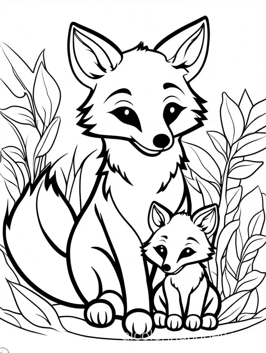 cute Fox Cub with his baby for kids easy for coloring, Coloring Page, black and white, line art, white background, Simplicity, Ample White Space. The background of the coloring page is plain white to make it easy for young children to color within the lines. The outlines of all the subjects are easy to distinguish, making it simple for kids to color without too much difficulty