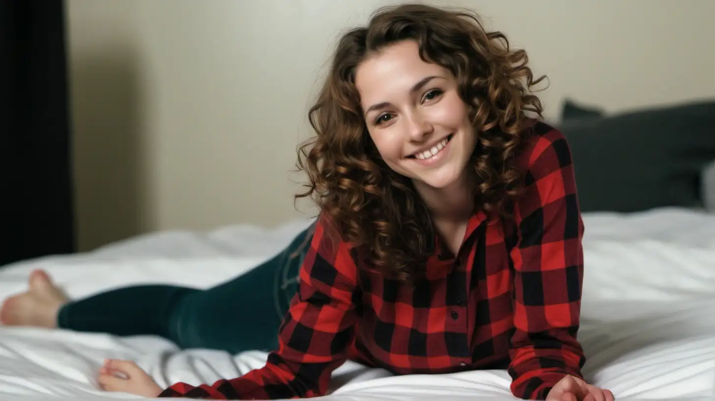 Smiling Woman in Red Plaid Top on Bed