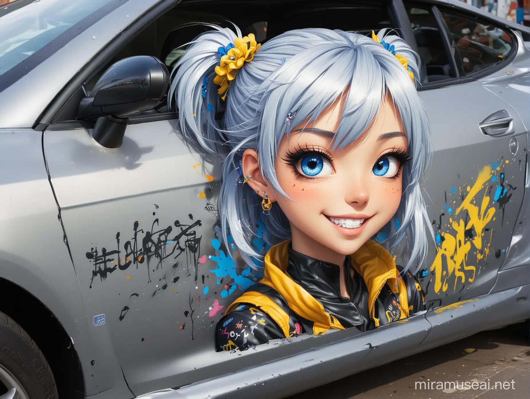 Close-up of an airbrushed design on a sports car, the design depicting a colorful cute anime girl, completely in anime style. She has silver hair, blue eyes, yellow skin, a wide smile, and poses grinning. Her black gothic outfit is tattered and decorated with graffiti of Japanese characters. There is an anime-style illustration painted on the side door. This is a complete, detailed and high quality photograph.