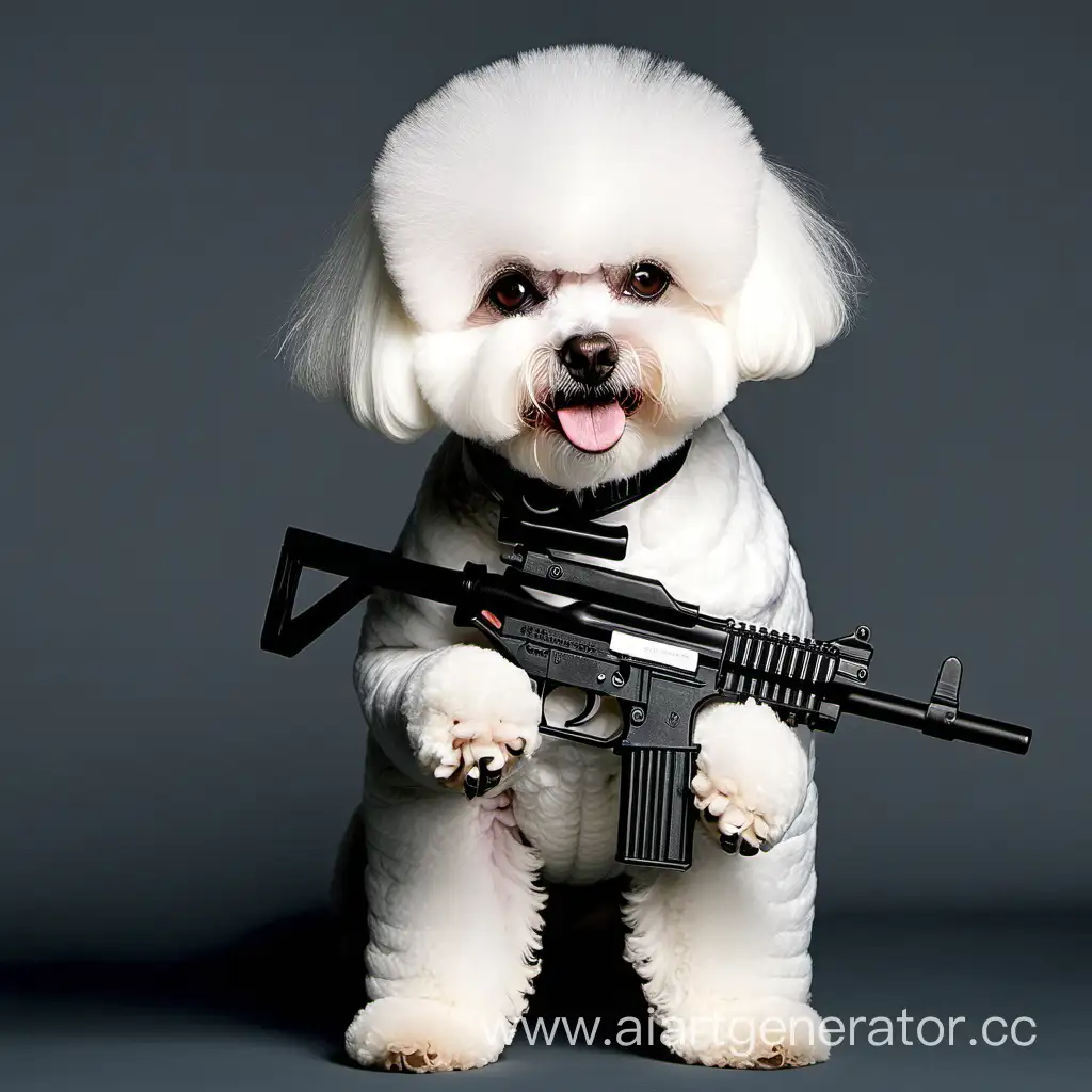 Adorable-Bichon-Frise-Poses-Playfully-with-a-Toy-Gun