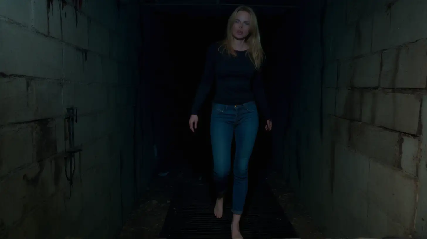 Excited Barefoot Woman Exploring Dark Cellar Corridor with Flashlight