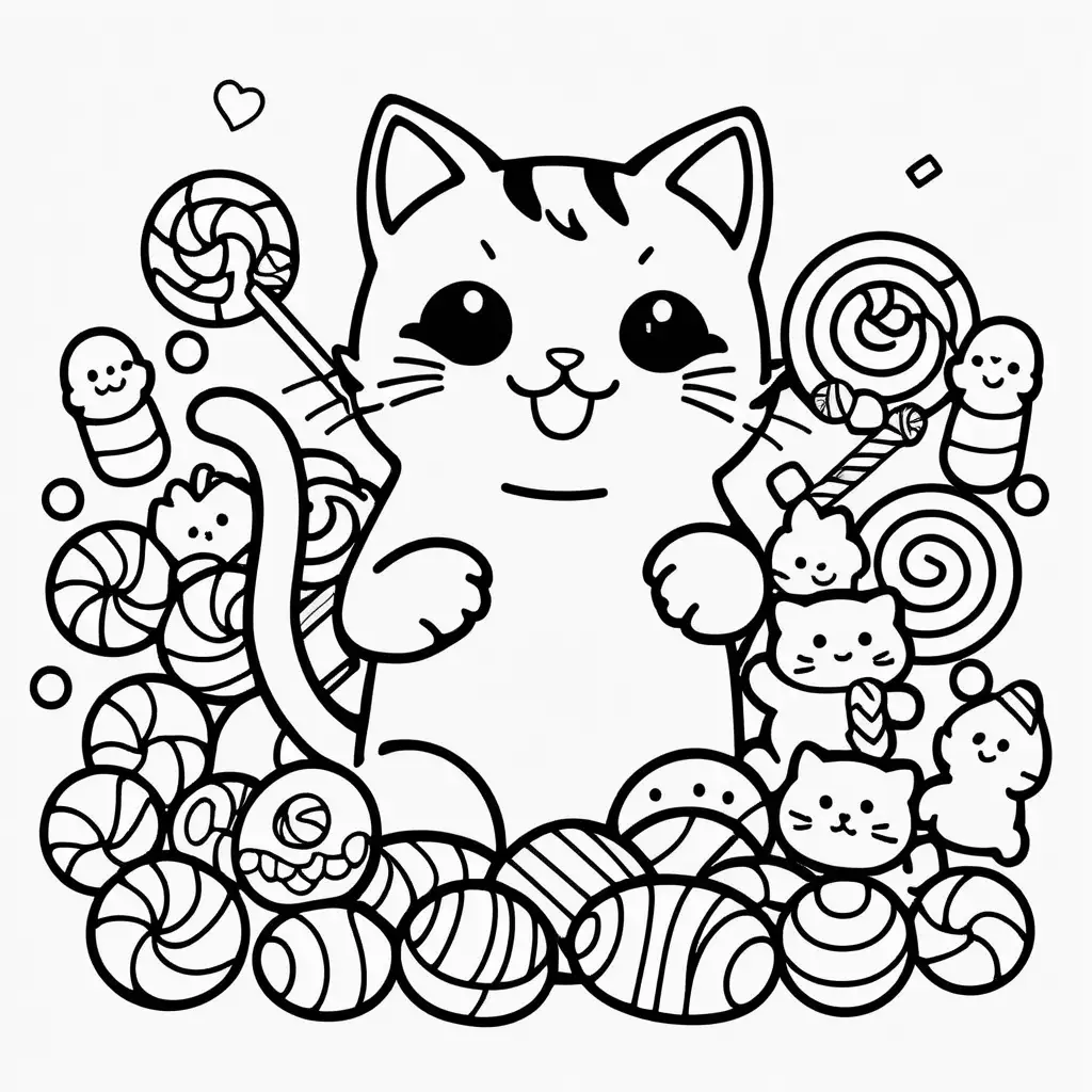 Adorable Kawaii Cat Playing with Candy Cute Black and White Coloring Page