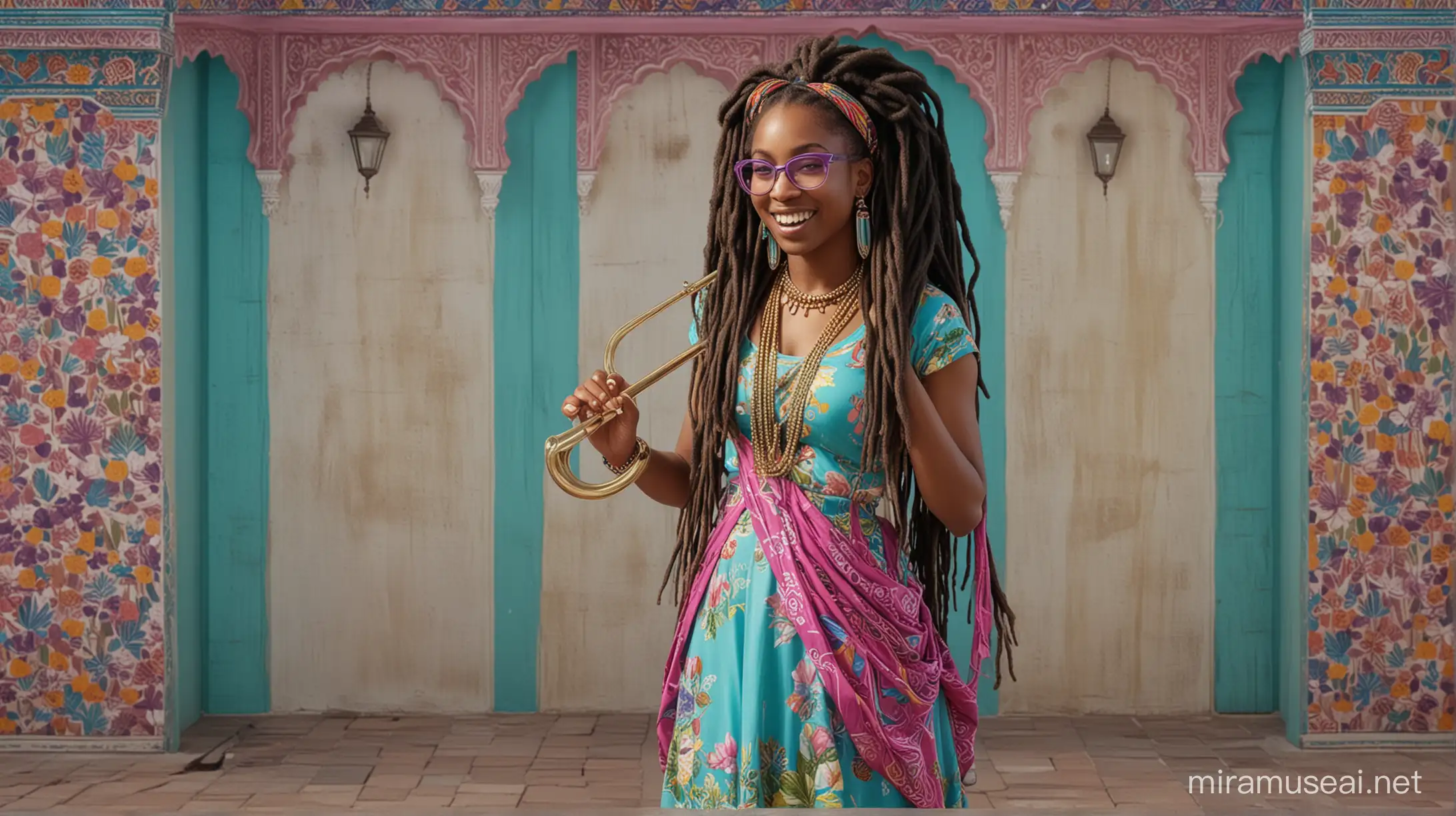 female musician from cameroon playing trombone and performing in dynamic and active positions, she is slim and extra tall, long dreadlocks, realistic, smiling inside, open hair style, modern large and thick design turquoise and magenta frame glasses, fingers are in realistic position, position of the hands are hyperrealistic, standing leaning on the wall, necklace and wristbands beads, colorfully abundant, western designer dresses with lotus and african pattern, several layers, all colours, turquoise, purple, green, white, yellow, hip hop style, benares court and river ghats, mughal scenario and arches, water lilies, colorful, psychedelic, hyperrealistic, pastel colors on walls wearing off, background blurred