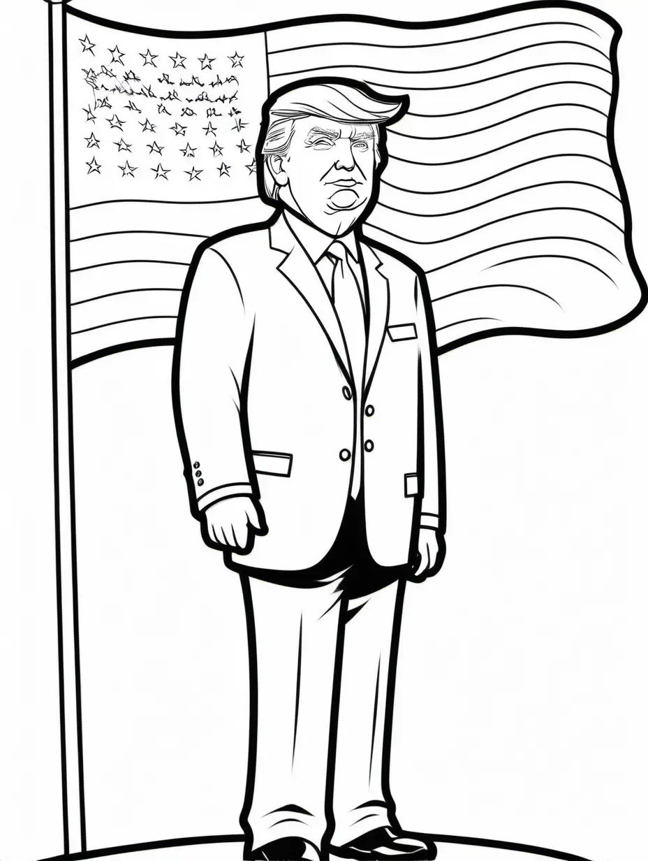 Kids coloring page, b&w lineart, simple, outline, white background, realistic Donald Trump standing in front of the American Flag