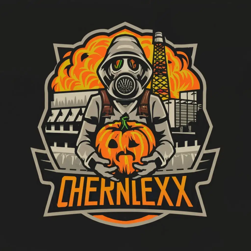a logo design, with the text 'DearLexx', main symbol: person in a military uniform wearing a gas mask holding a pumpkin with the Chernobyl nuclear power plant, Moderate, to be used in Entertainment industry, clear background