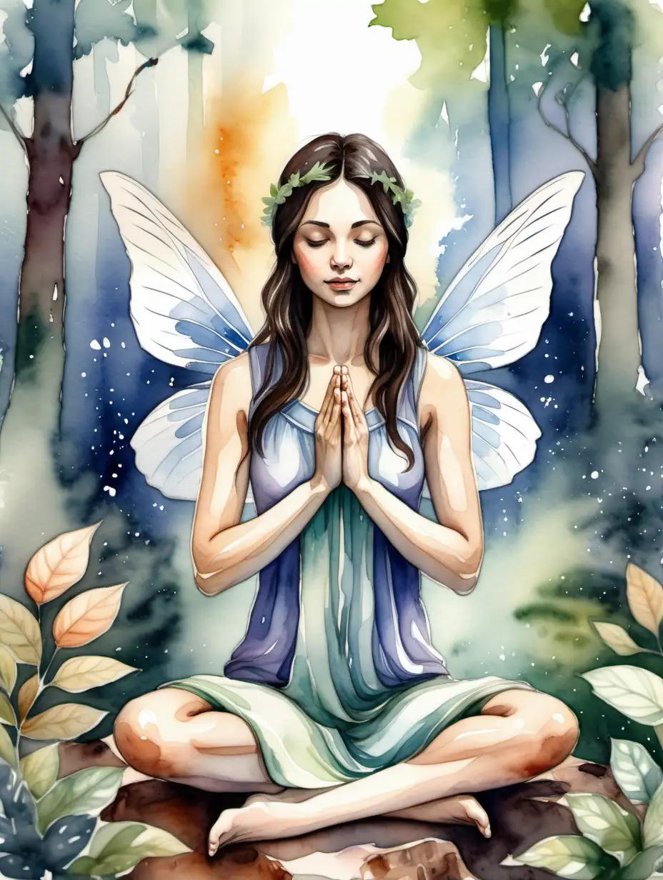 beautiful brunette fairy meditating hands in prayer position in forest village in watercolor theme
