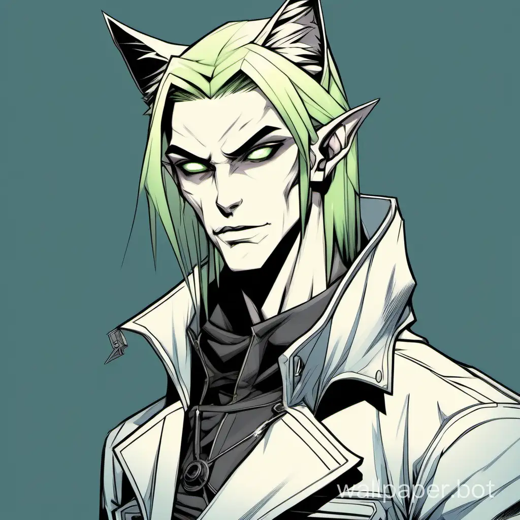 villain-coded, vampire man, tall, slender, androgynous, ash blond hair, straight hair length down to chin jaw, elf-like, cat-ears-hood, cyberpunk, sadist, pale green grey eyes, half-closed eyes, defined under eyes, angular arched high eyebrows, high browbone, sleek cheekbones, pale skin, pale lips, long angular face, pronounced frontal process of maxilla, mechanist, mechanic, inventor, artificer, pointed ears, smooth chin, long straight nose, young adult, modern, grunge, charming, roguish, smirk, gaming, smug, pretty, smiling with fangs